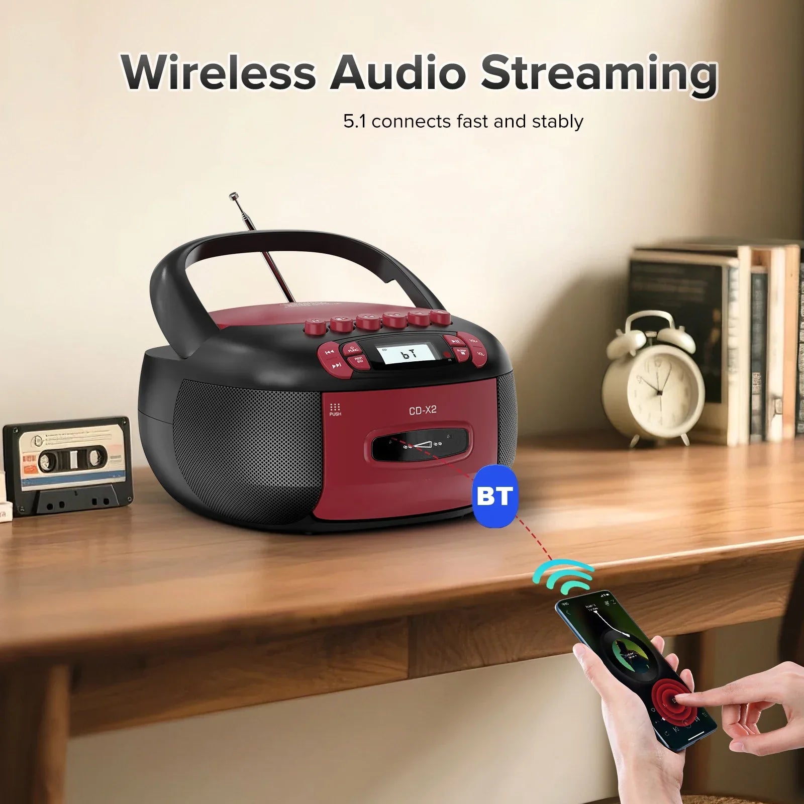 Red and black boombox cd cassette player combo with handle aux usb mp3 bluetooth stereo sound and remote control