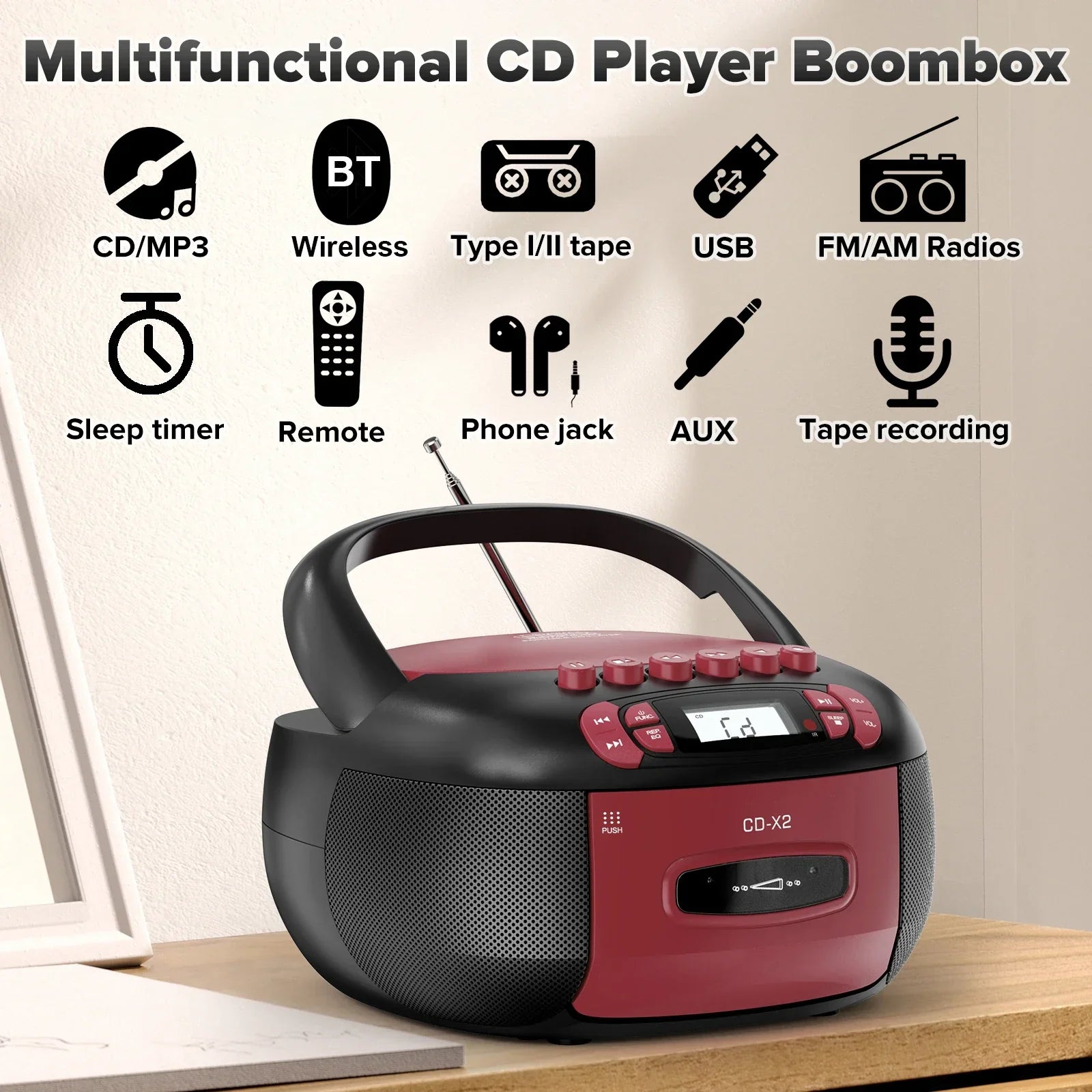 Red and black multifunctional boombox cd cassette player combo with handle antenna control buttons aux usb mp3 inputs