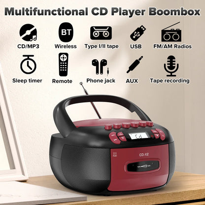 Red and black multifunctional boombox cd cassette player combo with handle antenna control buttons aux usb mp3 inputs