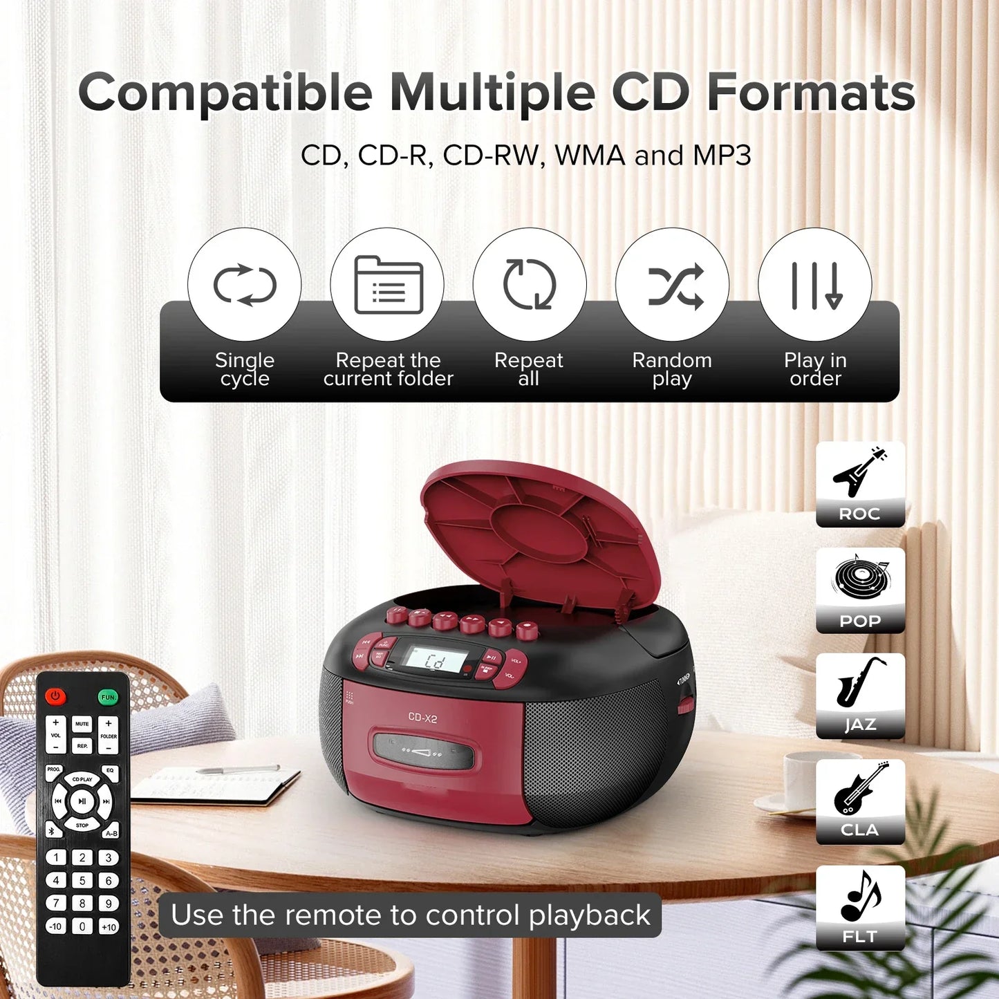 Red and black portable boombox cd cassette player combo with hinged lid digital display aux usb mp3 playback controls