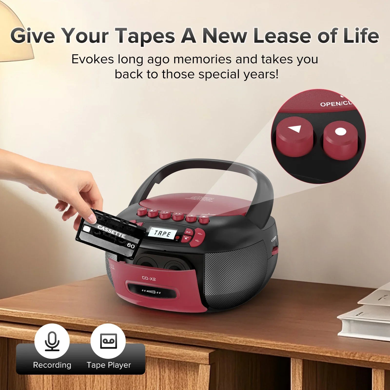 Red and black portable boombox cd cassette player combo with handle aux usb mp3 tape recording buttons and radio functions