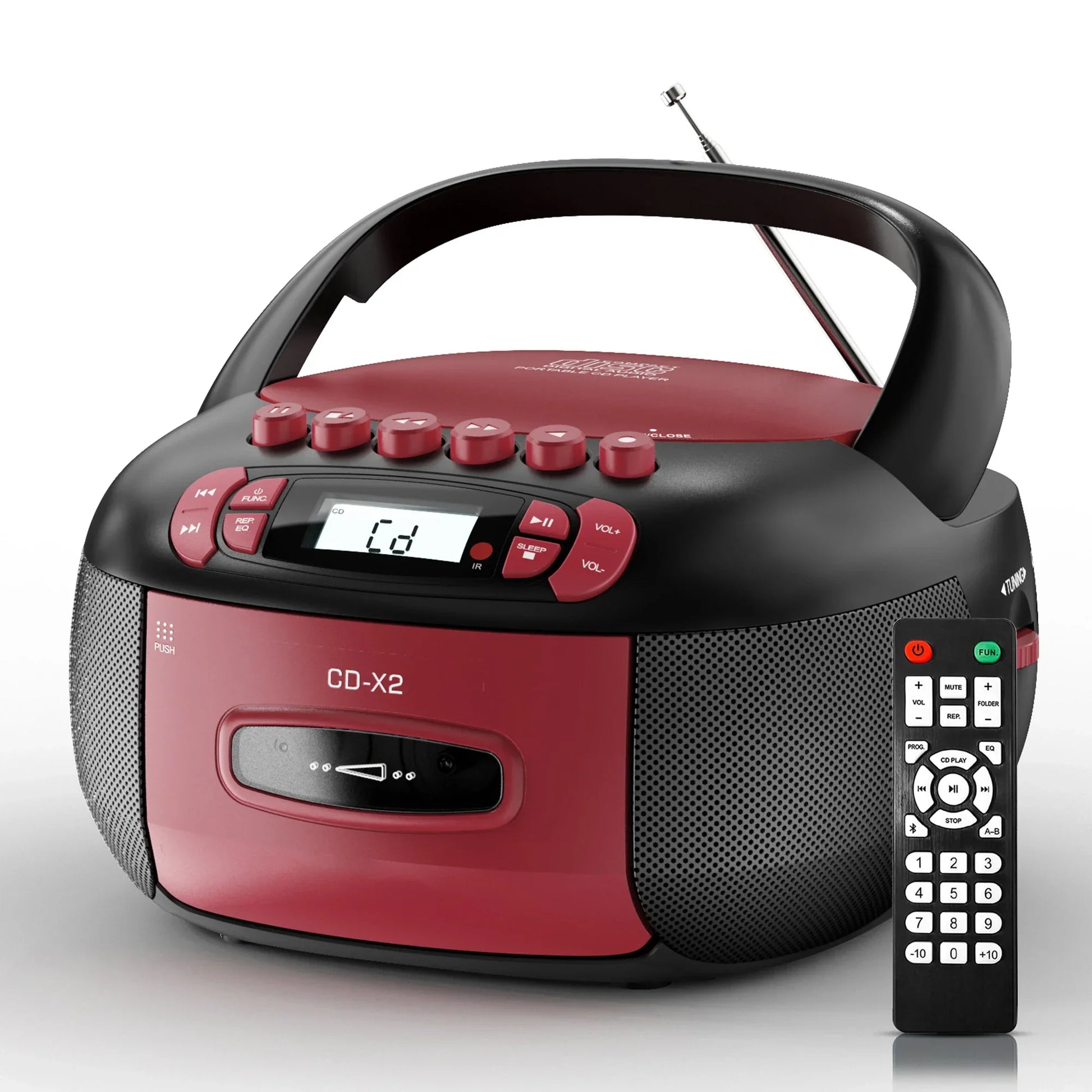 Red and black boombox cd cassette player combo with handle digital display aux usb mp3 stereo sound and remote
