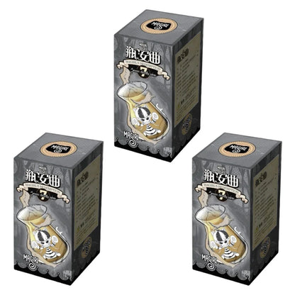 Three black and gold magirl bottle music blind cardboard boxes featuring a cute horror figure model gift design