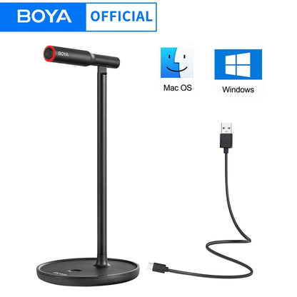 Black boya by-cm1 condenser desktop usb microphone with red grille accent on stand for mac laptop youtube recording podcast studio