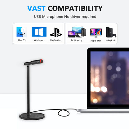 Black usb by-cm1 condenser desktop microphone with red accent mounted on stand for mac laptop youtube recording podcast studio