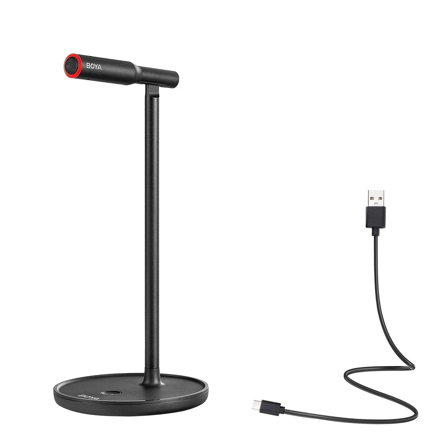 Black boya by-cm1 condenser desktop microphone with red accent ring and adjustable stand for recording podcast studio use