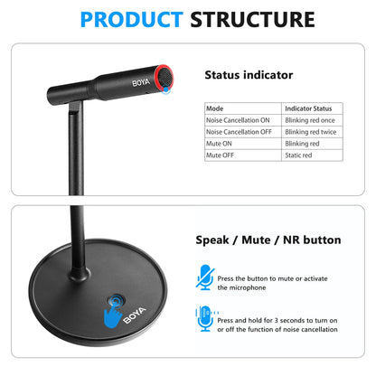 Black boya by-cm1 condenser desktop usb microphone with red status ring for mac laptop youtube recording podcast studio use