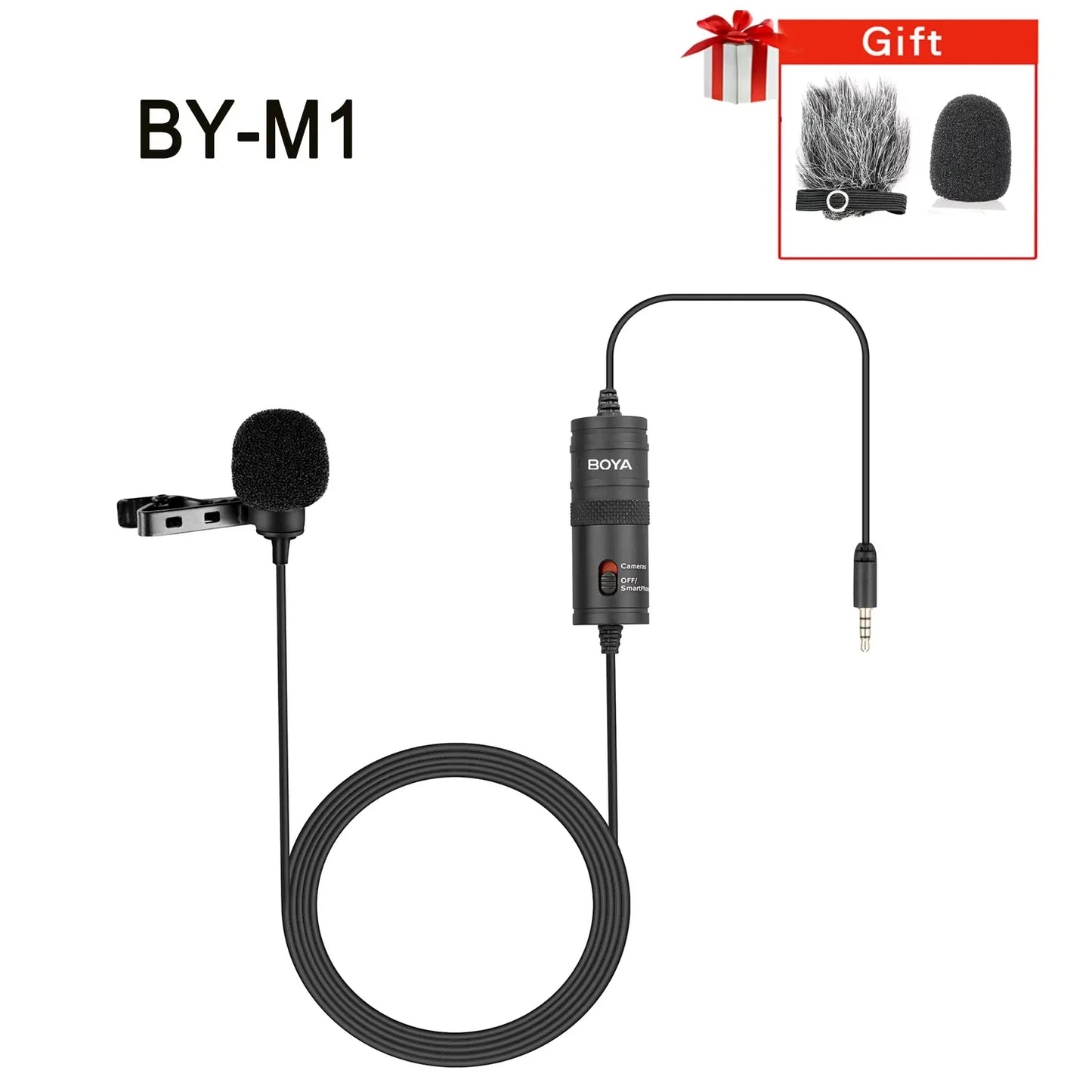 Black boya by-m1s lavalier microphone with clip cable and control module ideal for recording streaming and DSLR use