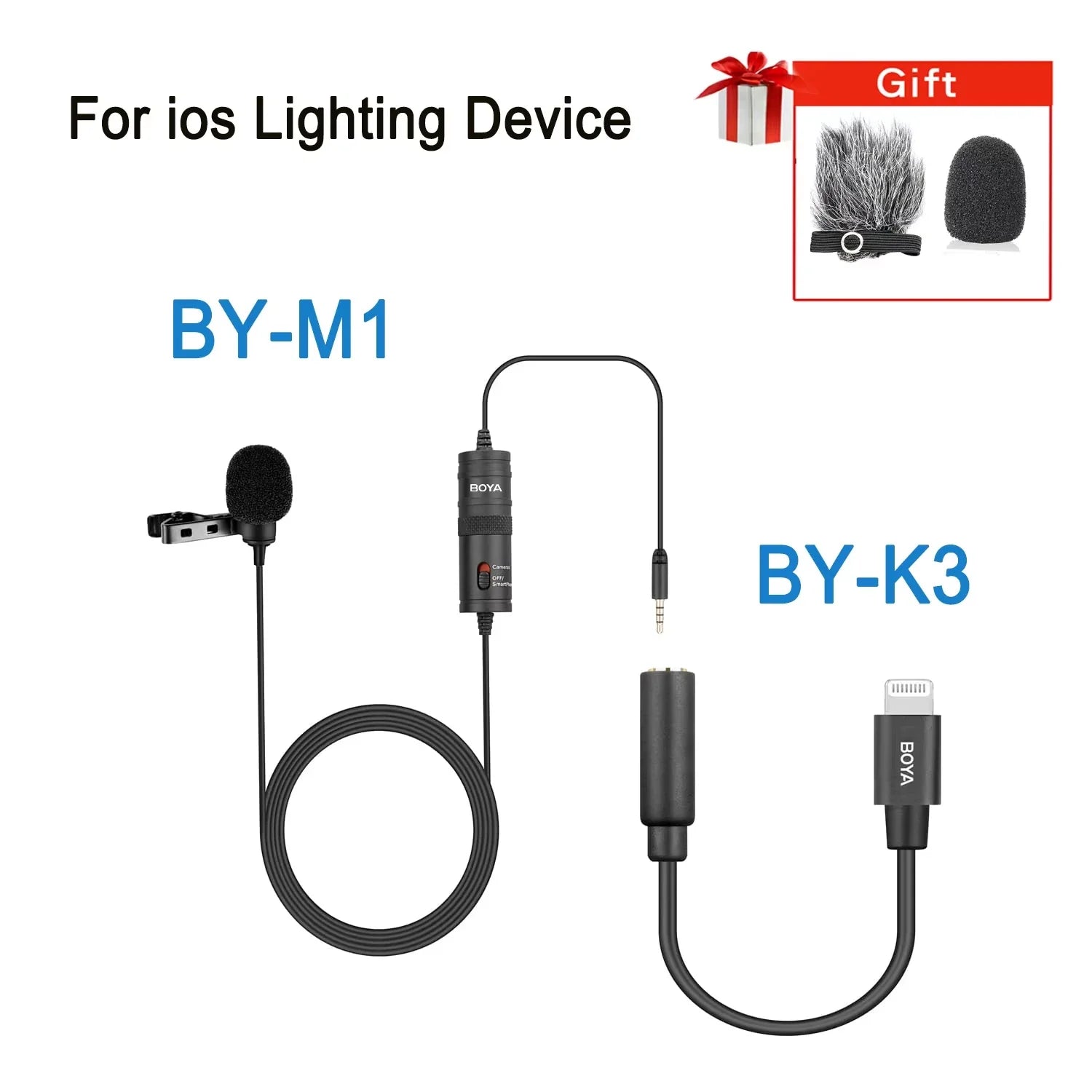 Black boya by-m1s lavalier microphone with clip coiled cable and ios adapter ideal for recording streaming and youtube