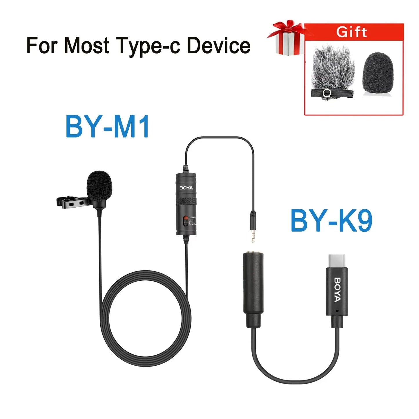 Black boya by-m1 condenser lavalier microphone with clip connected to black adapter with type-c for versatile recording use