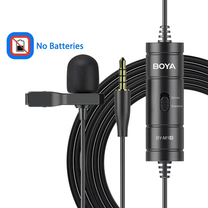 Black boya by-m1s lavalier microphone with foam windscreen and 3.5mm audio jack ideal for camera and smartphone use