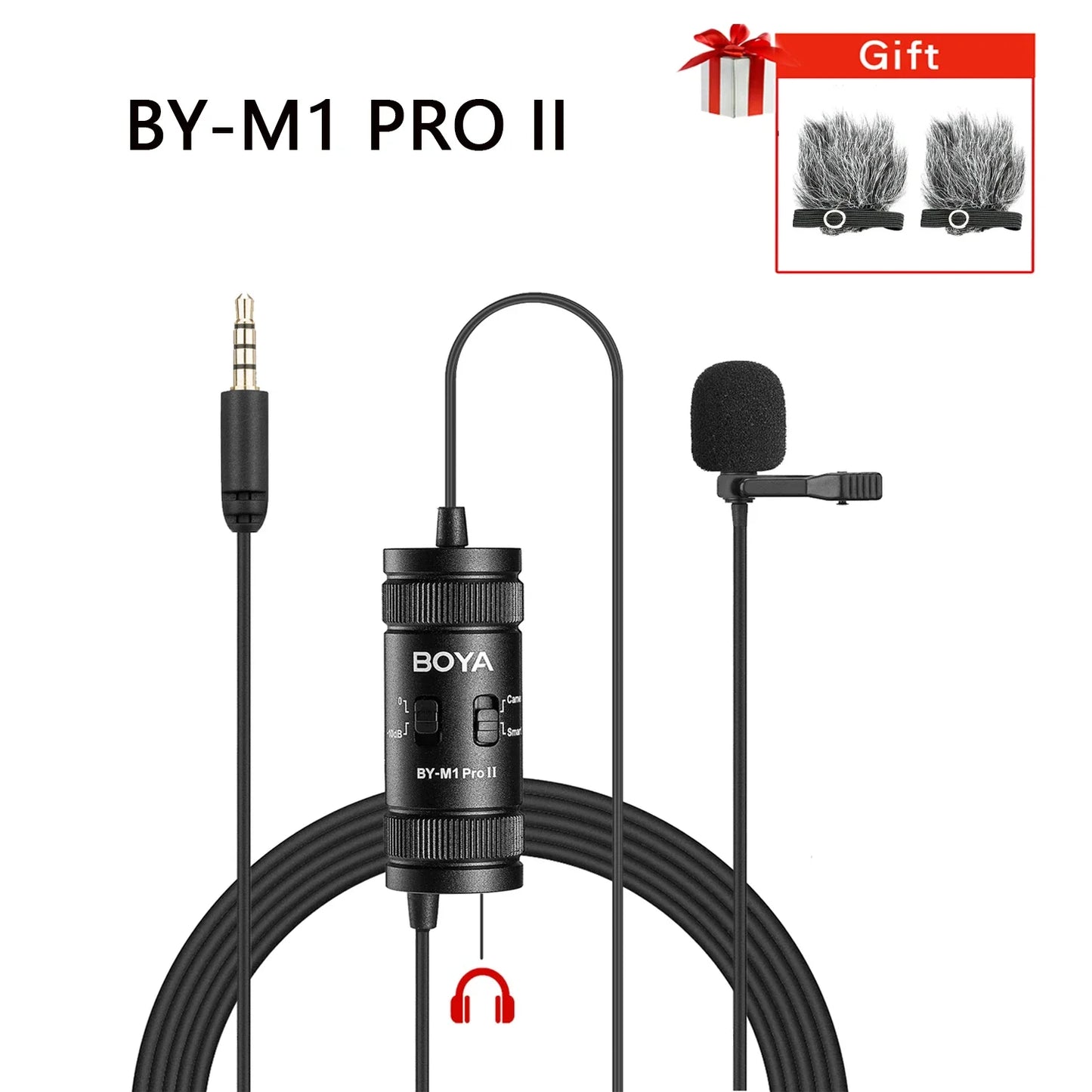 Black Boya BY-M1 Pro II lavalier microphone with cylindrical body and clip ideal for PC iPhone DSLR recording