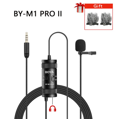 Black Boya BY-M1 Pro II lavalier microphone with cylindrical body and clip ideal for PC iPhone DSLR recording