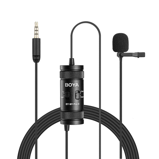 Black boya by-m1 pro ii lavalier microphone with foam windscreen and clip connected by coiled cable ideal for recording