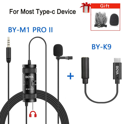 Black boya by-m1 pro ii lavalier microphone with cylindrical body and adjustable clip ideal for pc iphone dslr recording
