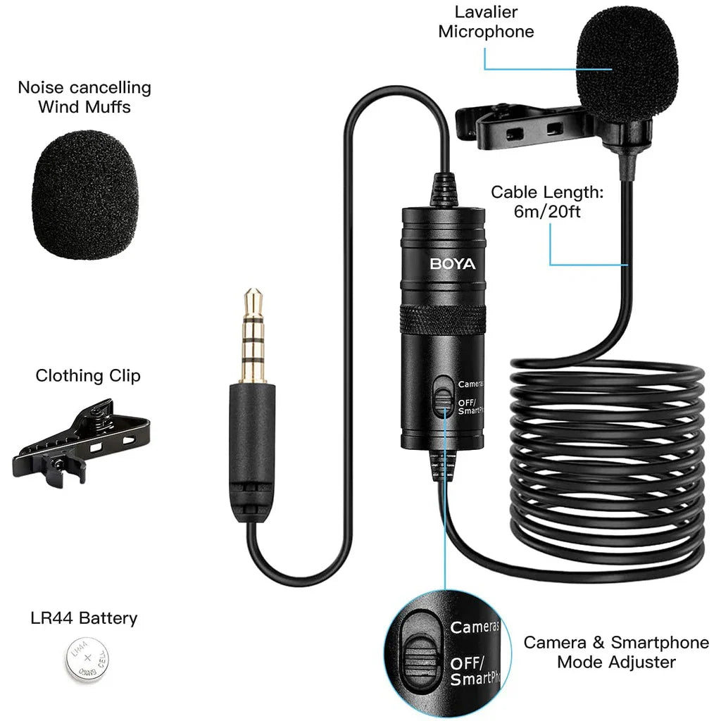 Black boya by-m1s lavalier microphone with foam wind muff clip and 6m cable ideal for recording and streaming