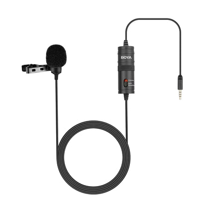 Black boya by-m1s lavalier microphone with foam windscreen clip and adjustable cable ideal for recording and streaming