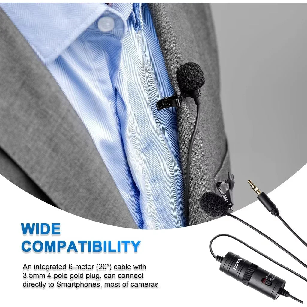 Black boya by-m1s condenser lavalier microphone with fuzzy grille and clip ideal for recording and streaming