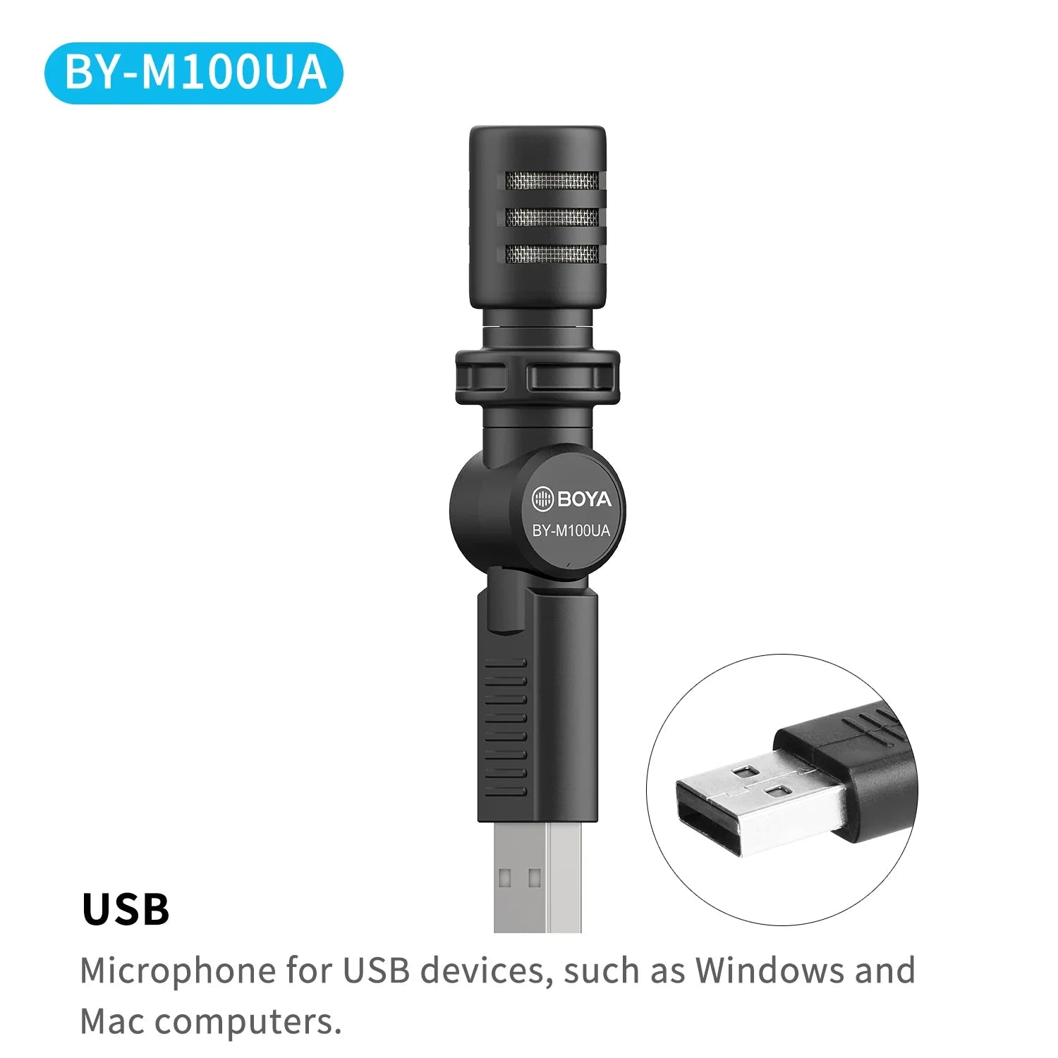 Black BOYA BY-M100 wired USB microphone with metallic mesh grille and cylindrical design for polar pattern and frequency response recording