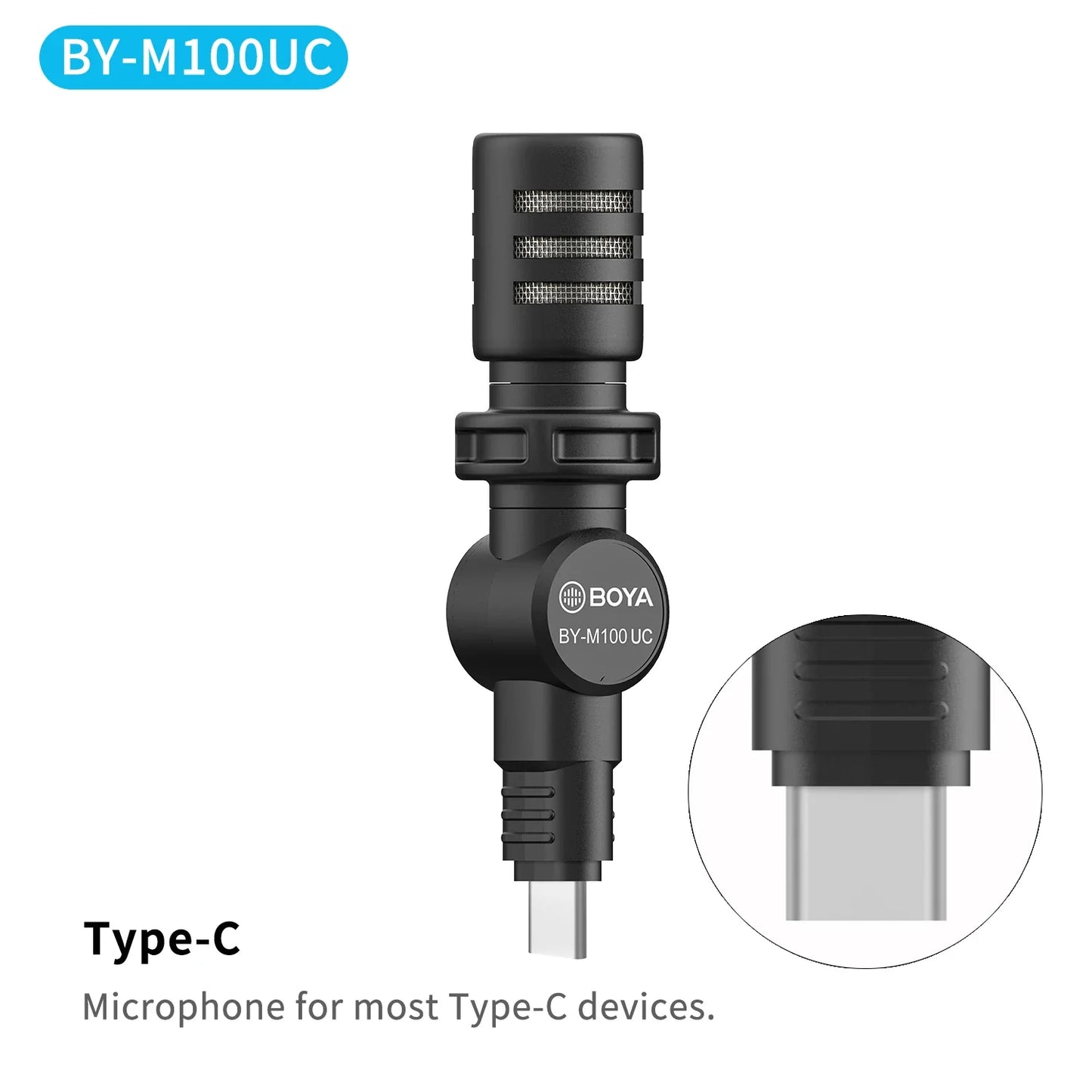 Black BOYA BY-M100UC usb-c microphone with mesh grille compact design features cardioid polar pattern and wide frequency response