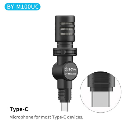 Black BOYA BY-M100UC usb-c microphone with mesh grille compact design features cardioid polar pattern and wide frequency response