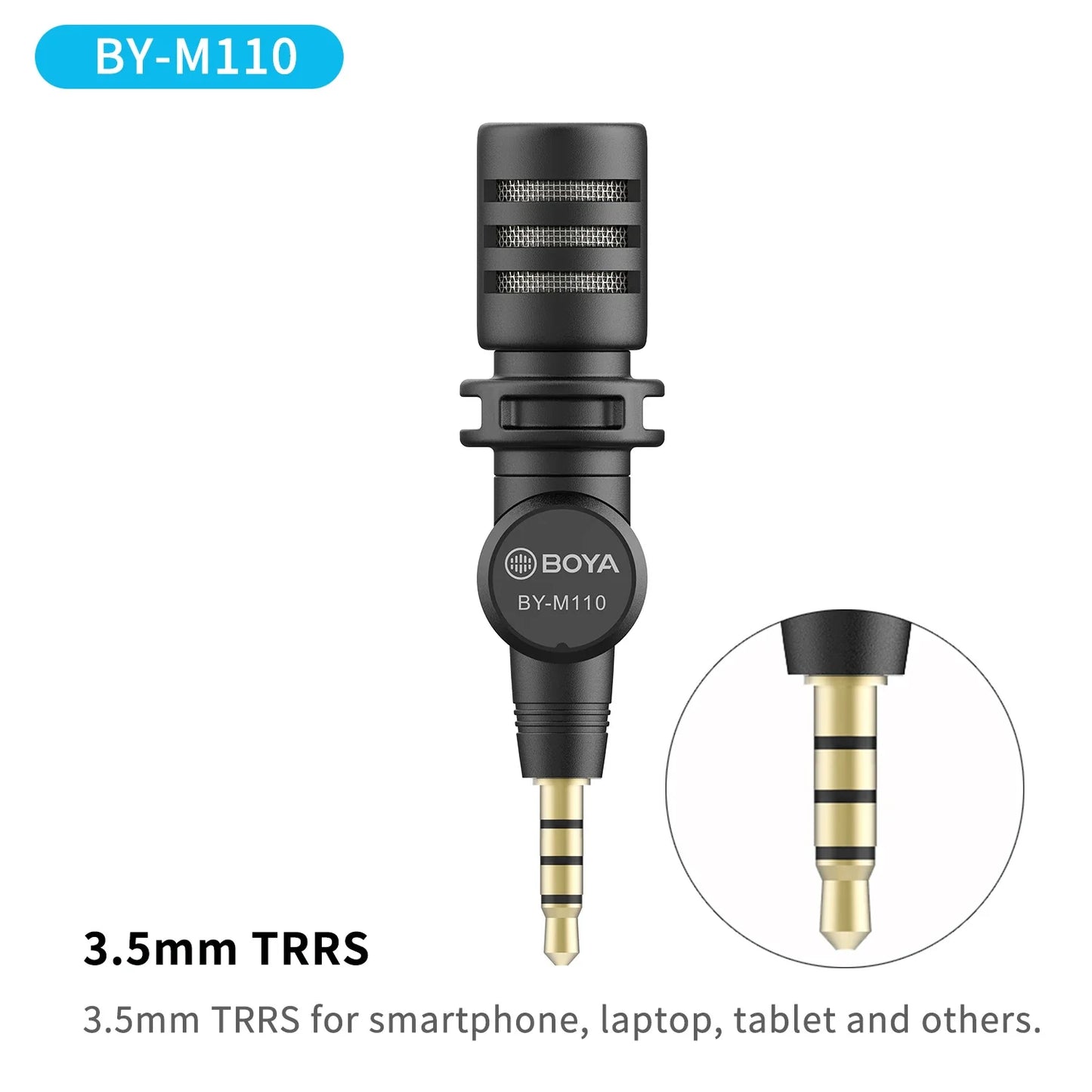 Black boya by-m110 lavalier microphone with gold-plated trrs connector and mesh grille features a-weighted curve frequency response