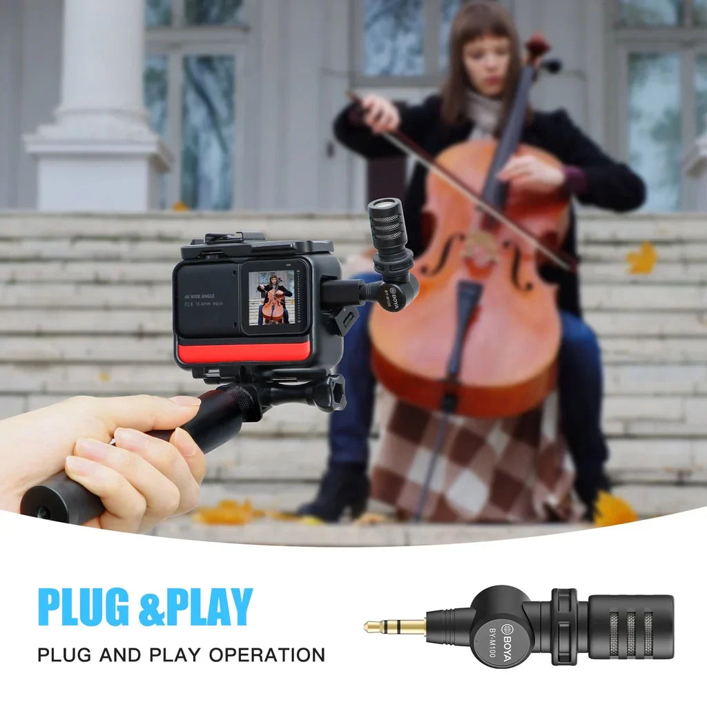 Black boya by-m100 wired shotgun microphone with gold-plated connector and textured grip for clear audio capture frequency response