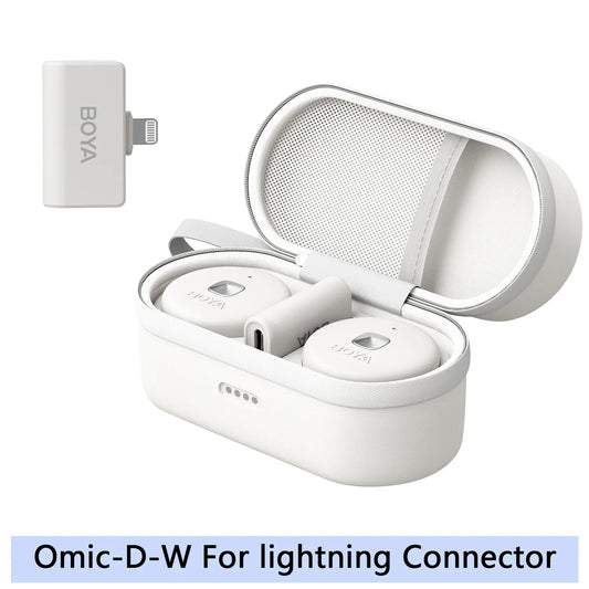 White boya omic d wireless earbuds in oval mesh case with lightning adapter for smartphone youtube live and recording interview