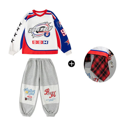 White and red long-sleeved pullover oversize shirt with blue accents featuring superball logo for kids jazz clothes set
