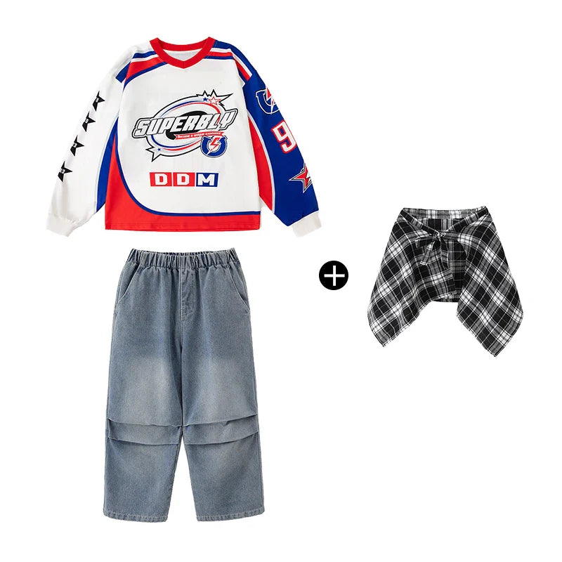 White red and blue pullover oversize shirt with superblu logo and star graphics for kids jazz clothes set and cargo pants girls