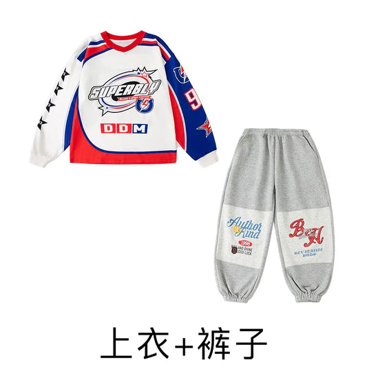 Boys k-pop pullover oversize shirt in white red and blue with superball graphic paired with gray cargo pants girls jazz clothes set