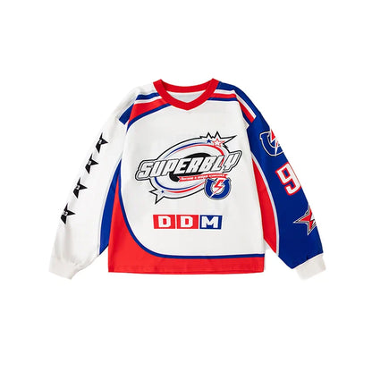 White red and blue long sleeved pullover oversize shirt with superblu logo and ddm branding for hip hop streetwear