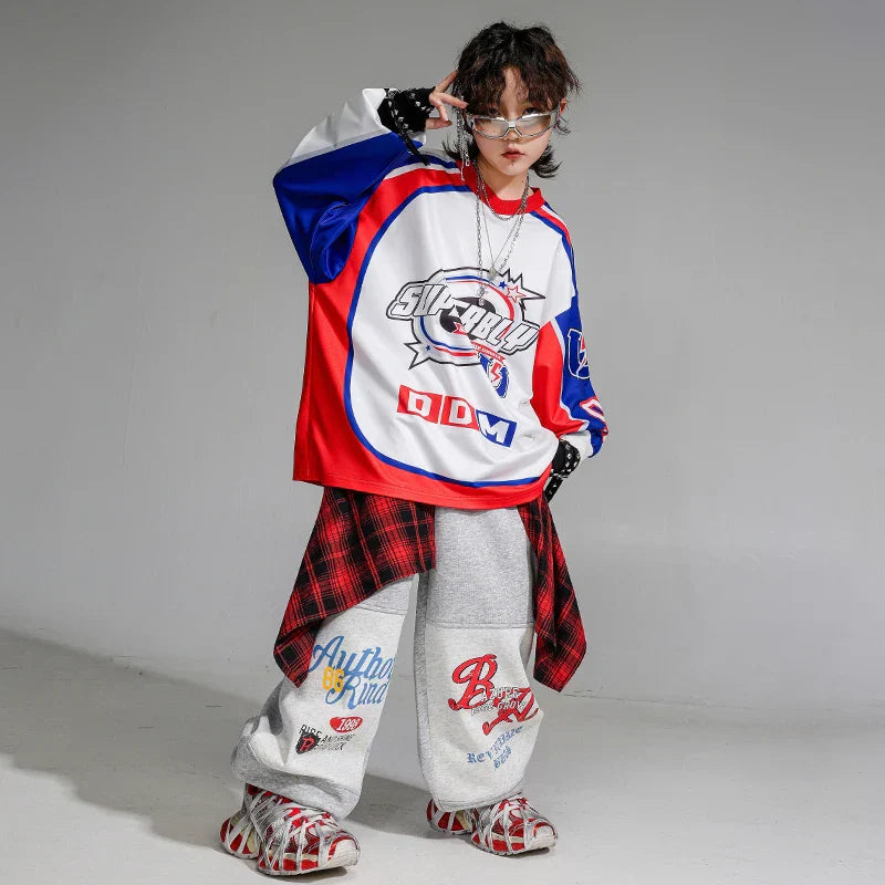 Boys pullover oversize shirt in red white and blue with bold silver logo paired with cargo pants girls hip hop streetwear set