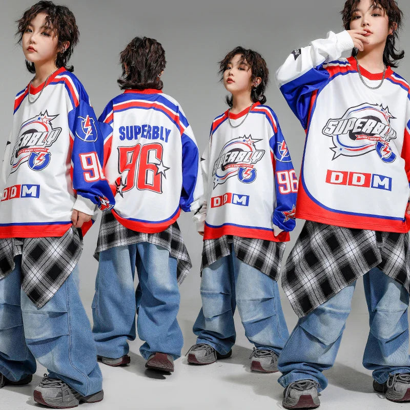 White blue and red hockey-style pullover oversize shirt with superbly and 96 graphics for kids jazz clothes set
