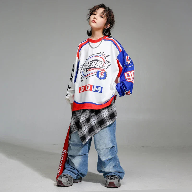 Boys k pop pullover oversize shirt in white red and blue with superblu logo and star graphics for hip hop streetwear