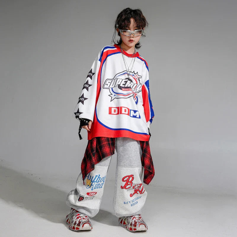 White red and blue long-sleeved pullover oversize shirt with superball logo and star patterns for kids jazz clothes set