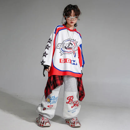 White red and blue long-sleeved pullover oversize shirt with superball logo and star patterns for kids jazz clothes set