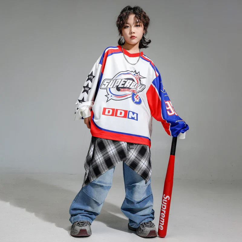 Boys k-pop pullover oversize shirt in white red blue with superb logo and black star sleeves paired with cargo pants girls jazz clothes set