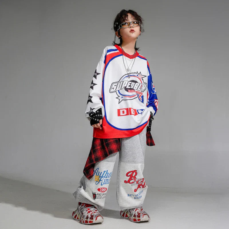 Boys k-pop pullover oversize shirt in white red and blue with black star sleeves paired with cargo pants girls jazz clothes set