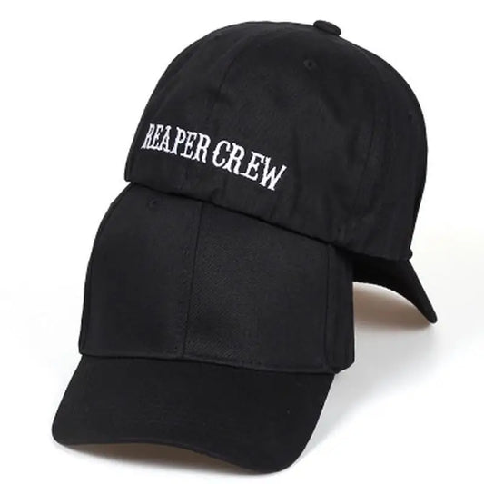Black reaper crew fitted baseball cap with white letters embroidered hat for women and men hip hop style