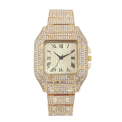 Gold-tone brand luxury mens watch with square face, rhinestones, roman numerals, stylish alloy strap hip hop diamond quartz