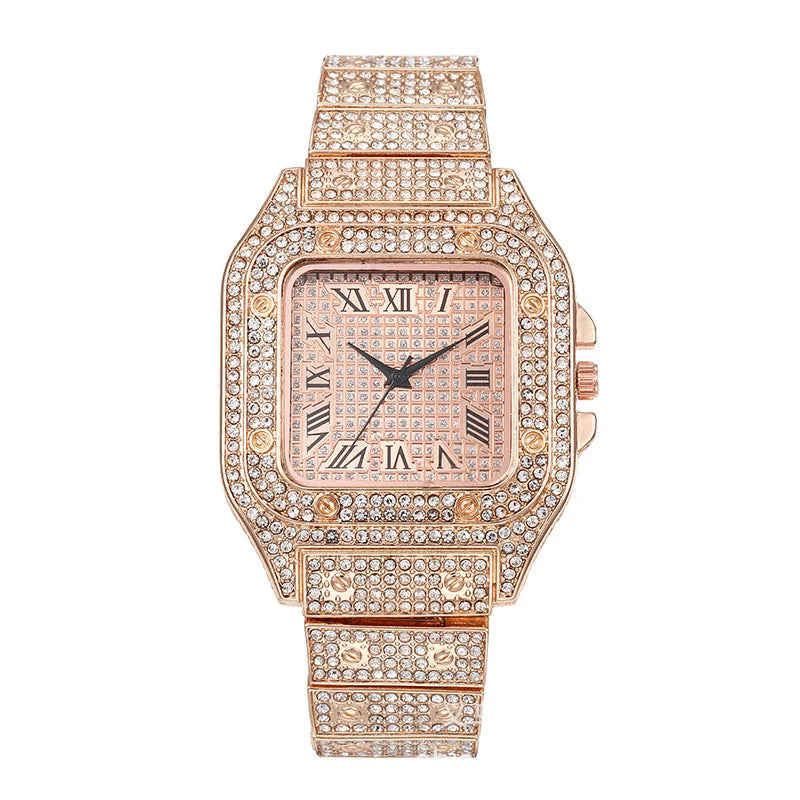 Rose gold diamond-encrusted square watch with roman numeral dial featuring stylish alloy strap for hip hop diamond gold date quartz use