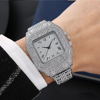 Silver diamond-encrusted square-faced watches stylish alloy strap with roman numerals matching hip hop diamond bracelet