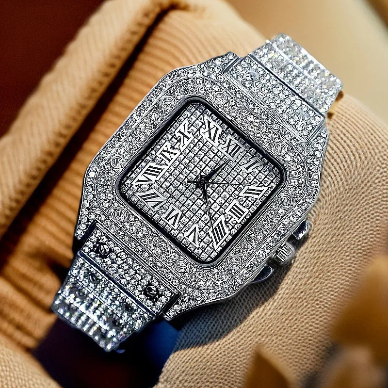 A dazzling square-faced brand luxury men’s watch with a silver alloy strap hip hop diamond gold date quartz design