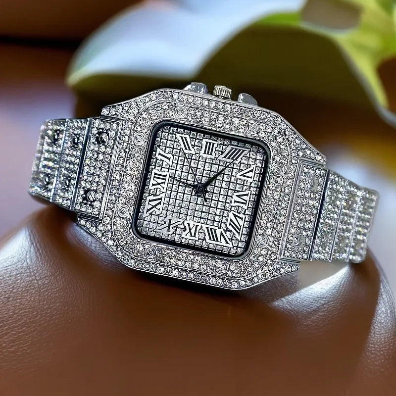 A dazzling square-faced men’s watch with stylish alloy silver band, hip hop diamond crystals, and gold date quartz dial