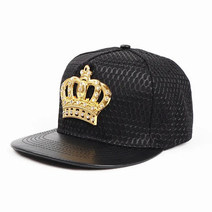 Black oohmy street cap with textured snakeskin fabric glossy brim and royal king crown rhinestone emblem