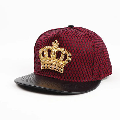 Maroon textured snapback crown baseball cap with gold royal king crown emblem and black brim for men and women
