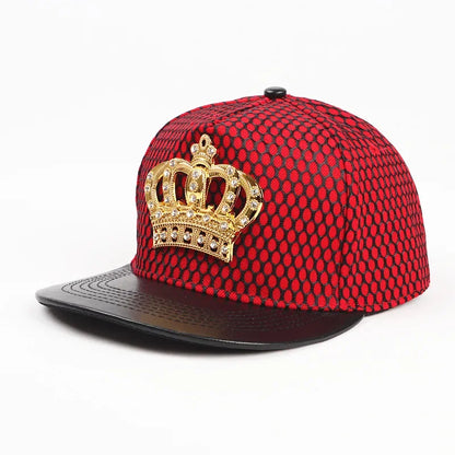 Red mesh snapback crown baseball cap with black brim and gold royal king crown emblem with clear rhinestones