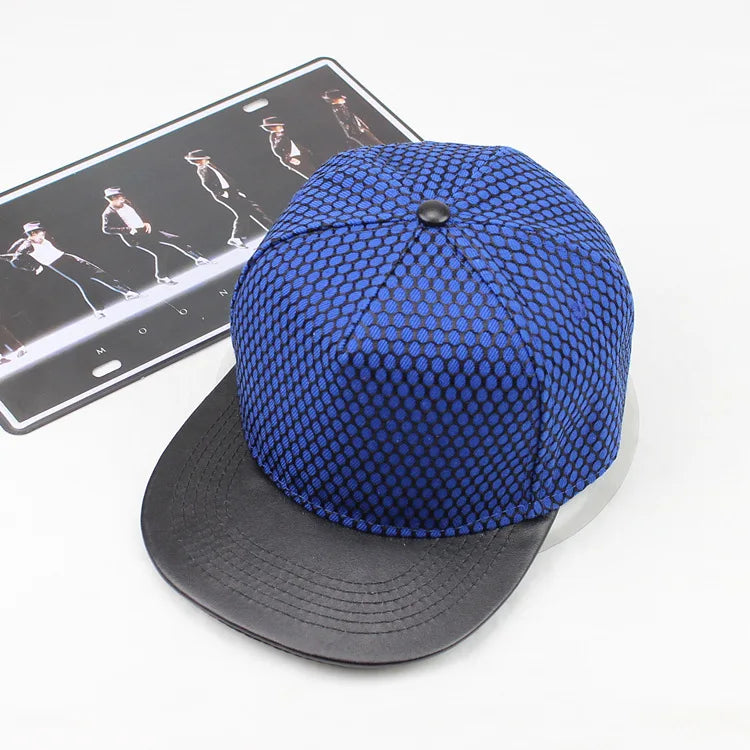 Blue mesh-patterned royal king crown snapback cap with black leather brim for men women boys and girls