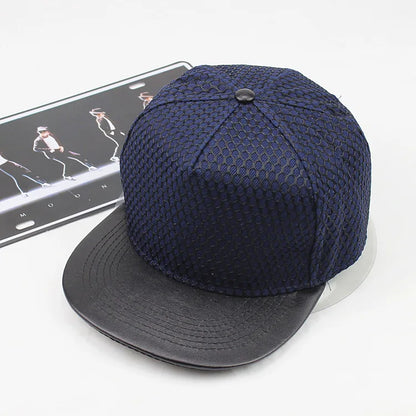Navy blue mesh snapback crown baseball cap with black leather brim and button for men women boys girls royal king crown style